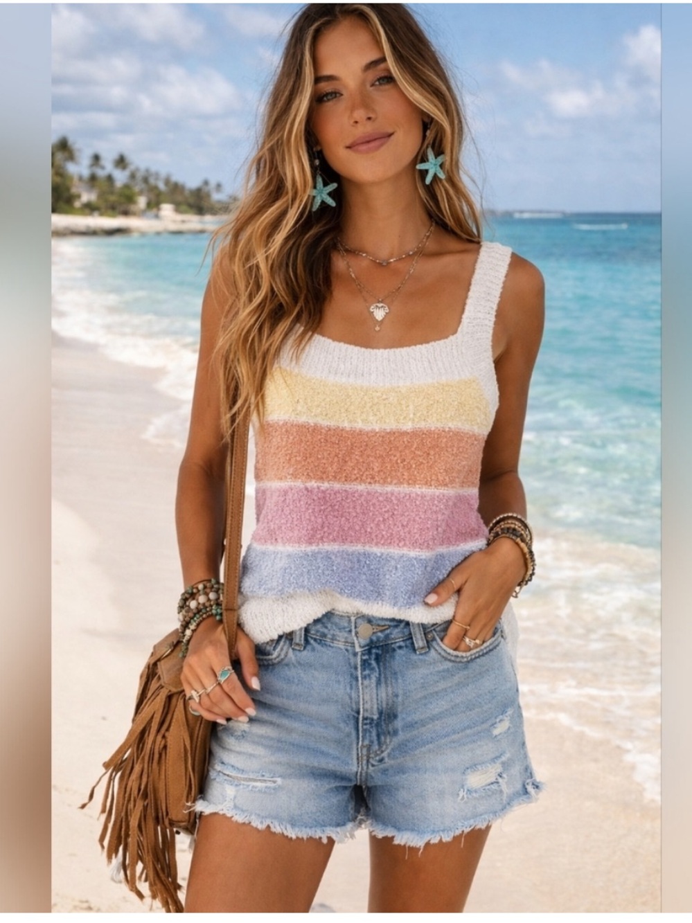 Debut Cream Tank Top with Yellow, Peach, Pink & Lavender Stripes
